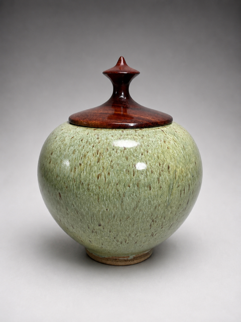 Jar with turned wood (Bloodwood) cover and layered glazes